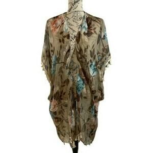 Riah Fashion LA Floral Kimono Wrap Boho Summer Shawl Tassels Sheer Coverup NEW